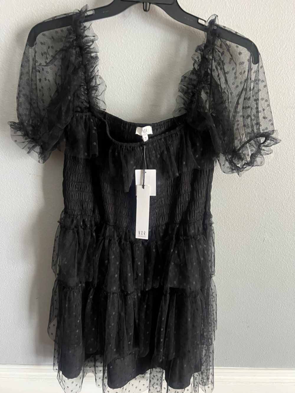 NSR Black Polka Dot Layered Mesh Dress